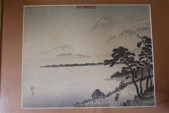 Chinese School Studies of courtiers and of birds largest 24 x 16cm and a Japanese woodblock print